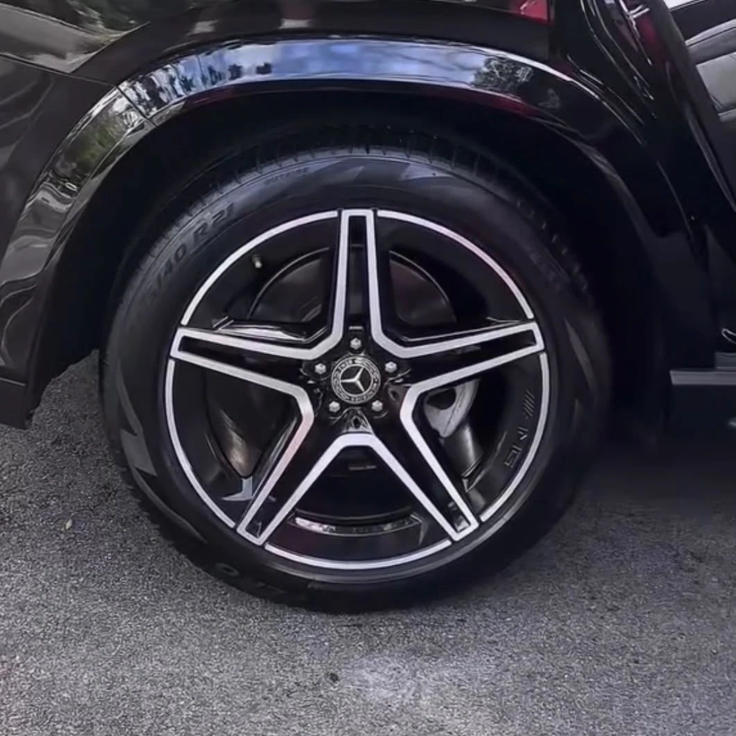 Polished Mercedes-AMG alloy wheel and tire after wheel detailing in Newton, MA
