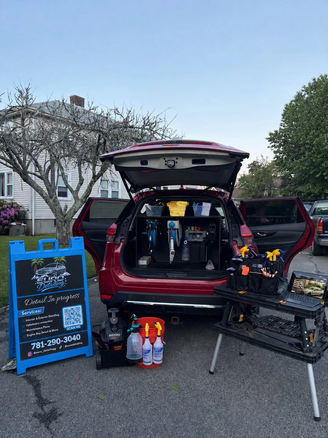 Euro Detailing mobile setup with detailing equipment in Newton, MA