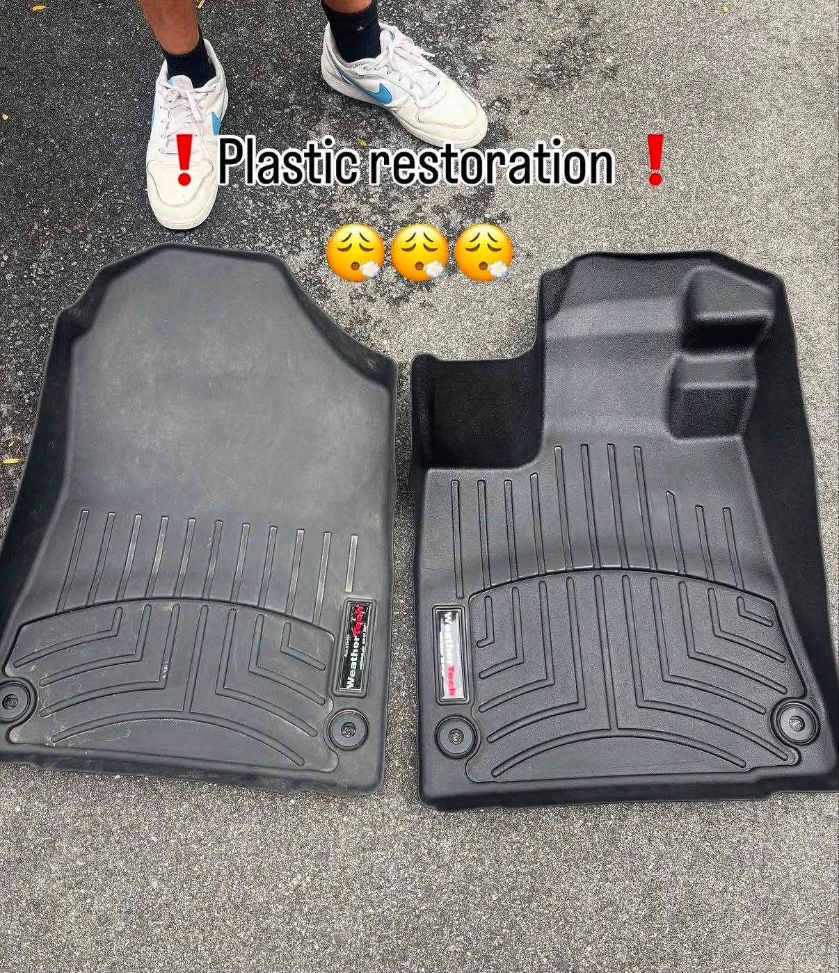 Before and after plastic restoration of faded WeatherTech floor mats in Newton, MA