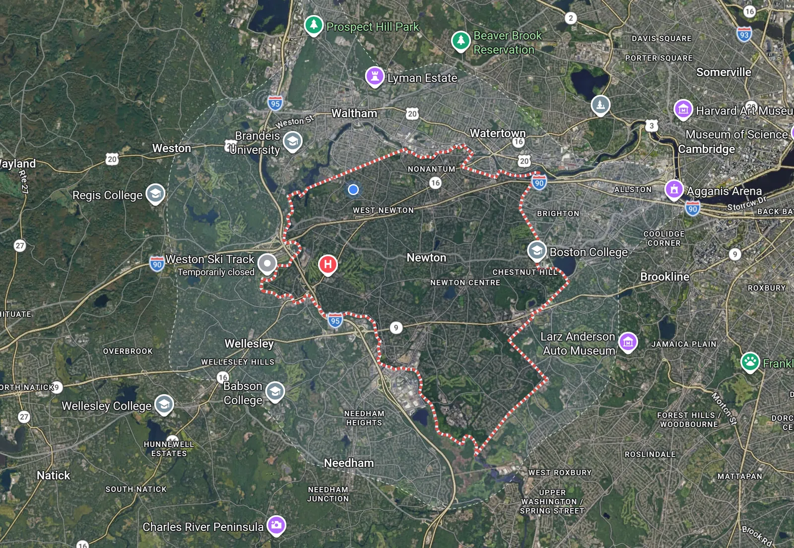 Map showing Euro Detailing service coverage around Newton, Massachusetts